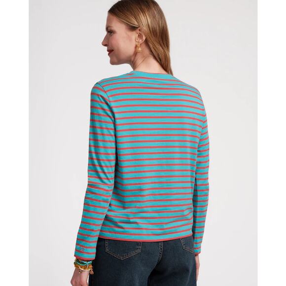 Frances Valentine Pima Cotton Striped Long Sleeve Crew Neck Tee Turquoise Red M - Picture 2 of 9